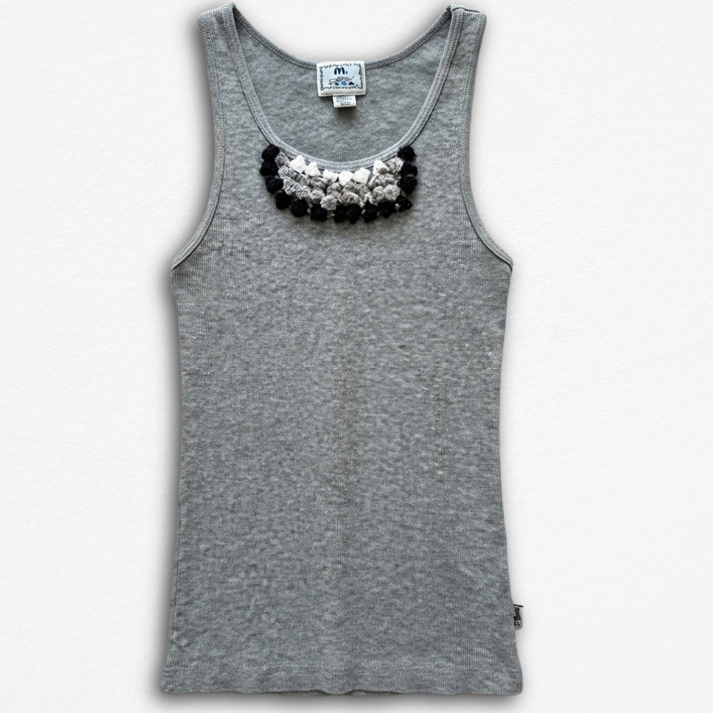 M. Rose Womens Gray‎ Ribbed Knit Tank Top Embellished Neckline Size M/OS